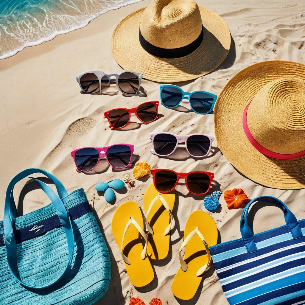 A vibrant beach scene featuring a stylish array of beachwear accessories like colorful sunglasses, trendy hats, chic beach bags, and playful flip-flops scattered around a sunlit sandy area. In the background, a gentle wave rolls onto the shore with a clear blue sky overhead, evoking a sense of summer bliss. The overall composition should highlight the accessories as focal points while conveying a fun and relaxed atmosphere. bright colors. super-realistic.